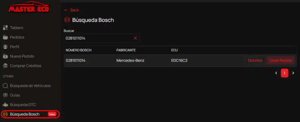 Interfaz del buscador Bosch en el portal Master-Ecu